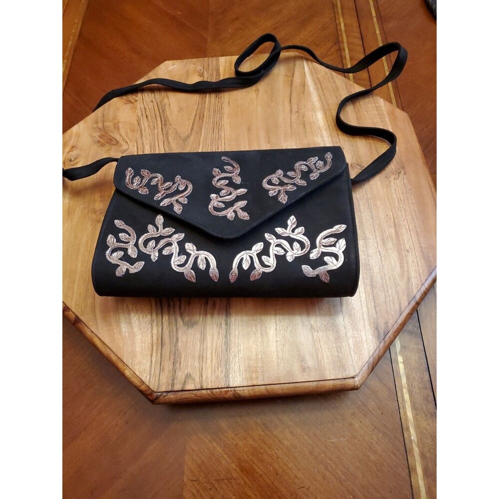Vintage Beverly Feldman Suede Purse or Clutch Black Suede Pewter Leather Leaves